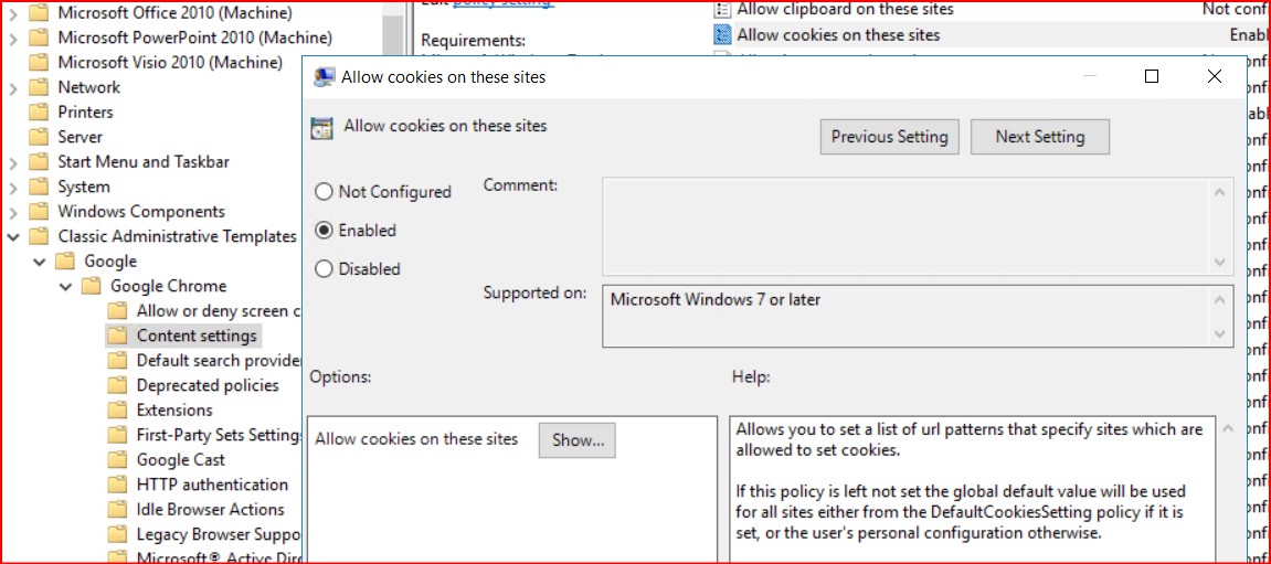 Google Chrome Allow cookies on These sites